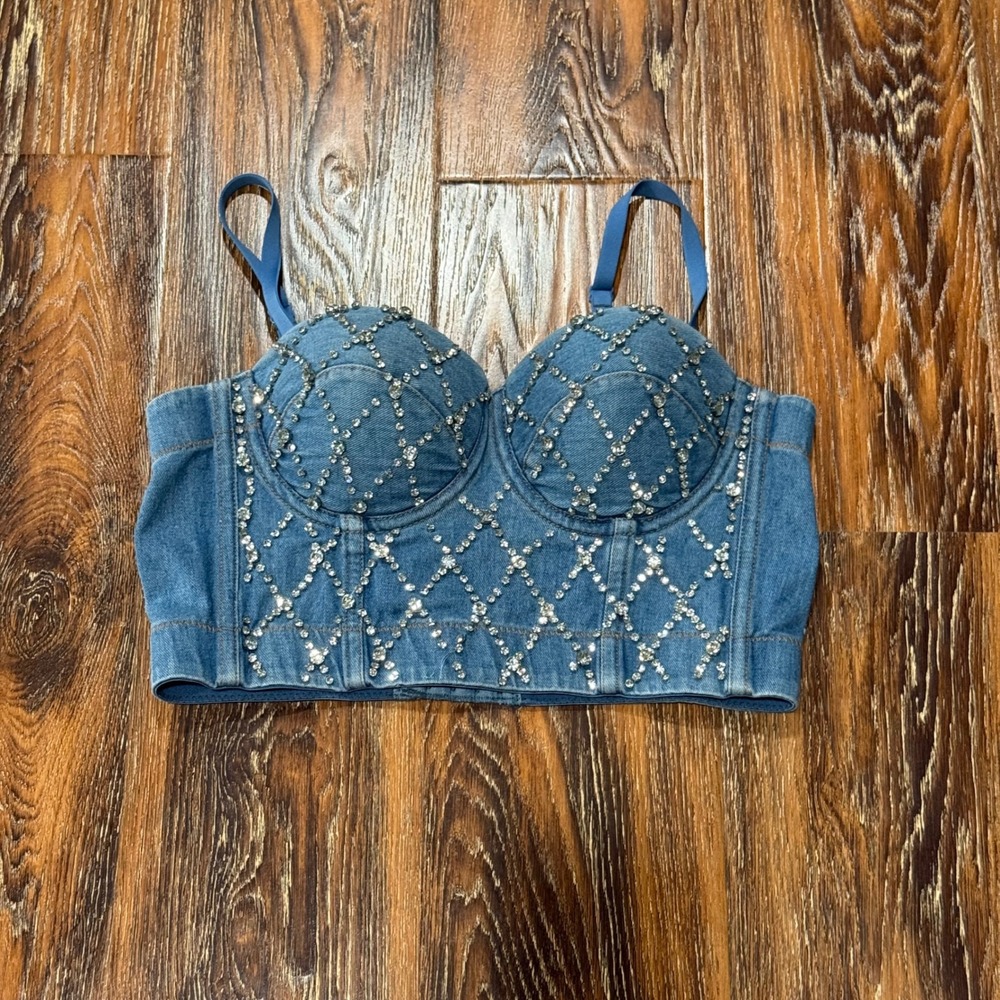 Denim Corset Bustier Size M Rhinestone Embellished Crop Top Light Blue Medium